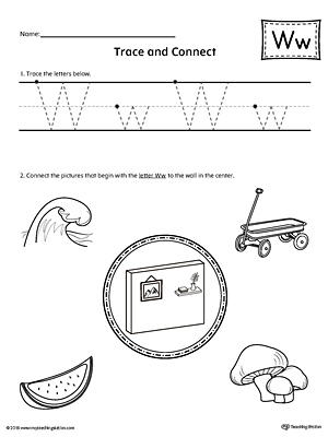 Trace Letter W and Connect Pictures printable worksheet available for download at myteachingstation.com.