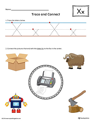 Trace Letter X and Connect Pictures (Color) printable worksheet available for download at myteachingstation.com.