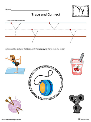 Trace Letter Y and Connect Pictures (Color) printable worksheet available for download at myteachingstation.com.