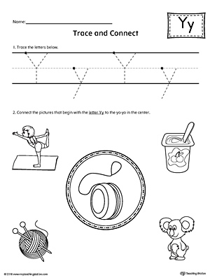Trace Letter Y and Connect Pictures printable worksheet available for download at myteachingstation.com.