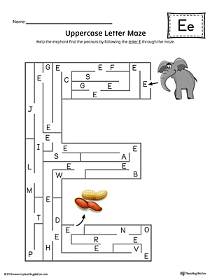 Uppercase Letter E Maze Worksheet (Color)