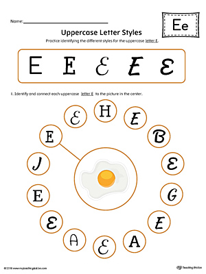 Practice identifying the different uppercase letter E styles with this colorful printable worksheet.