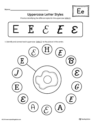 Practice identifying the different uppercase letter E styles with this kindergarten printable worksheet.