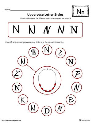 Uppercase Letter N Styles Worksheet (Color)