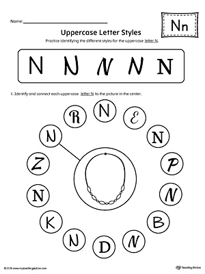 Practice identifying the different uppercase letter N styles with this kindergarten printable worksheet.
