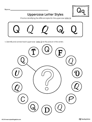 Practice identifying the different uppercase letter Q styles with this kindergarten printable worksheet.