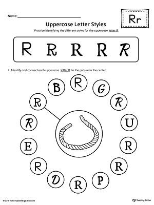Practice identifying the different uppercase letter R styles with this kindergarten printable worksheet.