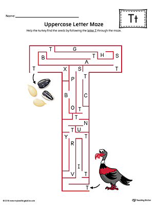 Uppercase Letter T Maze Worksheet (Color)