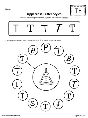 Practice identifying the different uppercase letter T styles with this kindergarten printable worksheet.