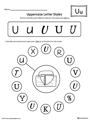 Practice identifying the different uppercase letter U styles with this kindergarten printable worksheet.