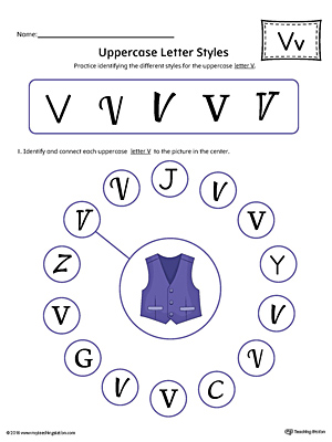 Practice identifying the different uppercase letter V styles with this colorful printable worksheet.