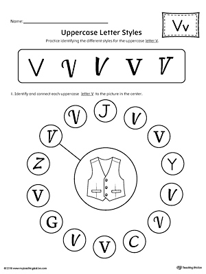 Practice identifying the different uppercase letter V styles with this kindergarten printable worksheet.