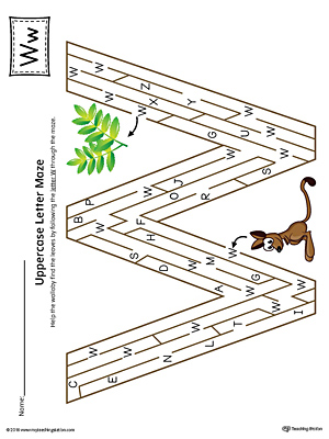 Uppercase Letter W Maze Worksheet (Color)