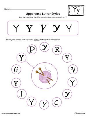 Practice identifying the different uppercase letter Y styles with this colorful printable worksheet.