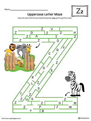 Uppercase Letter Z Maze Worksheet (Color)