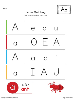 Letter A Uppercase and Lowercase Matching Worksheet (Color)