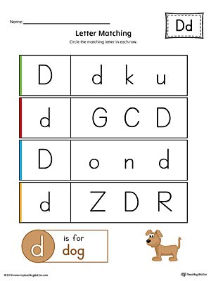 Letter D Uppercase and Lowercase Matching Worksheet (Color)