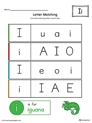Letter I Uppercase and Lowercase Matching Worksheet (Color)