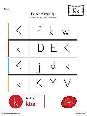 Letter K Uppercase and Lowercase Matching Worksheet (Color)