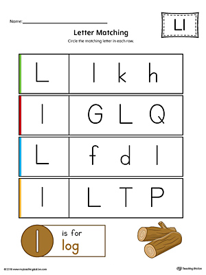 Letter L Uppercase and Lowercase Matching Worksheet (Color)