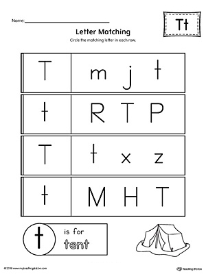 Letter T Uppercase and Lowercase Matching Worksheet