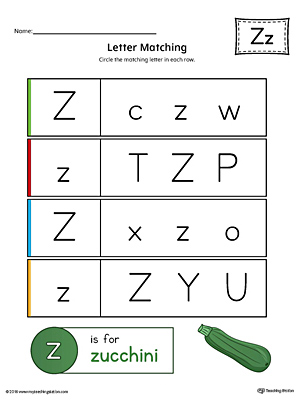 Letter Z Uppercase and Lowercase Matching Worksheet (Color)