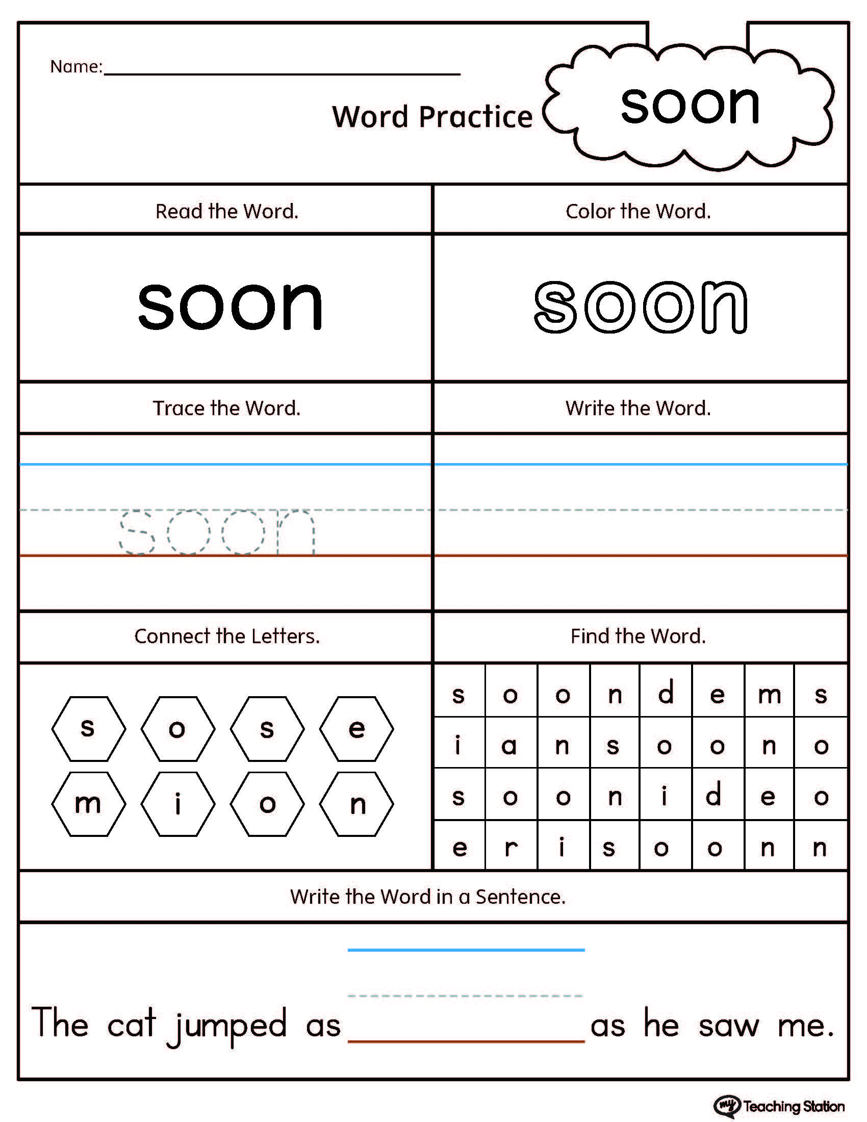 High-Frequency Word SOON Printable Worksheet