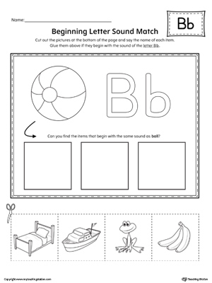 Practice matching the picture that represents the beginning sound of the letter B with the correct letter shape.