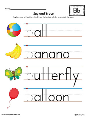 Say and Trace: Letter B Beginning Sound Words Worksheet (Color