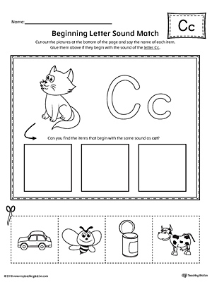 Practice matching the picture that represents the beginning sound of the letter C with the correct letter shape.