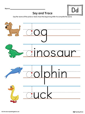 Practice saying and tracing words that begin with the letter D sound in this printable worksheet.