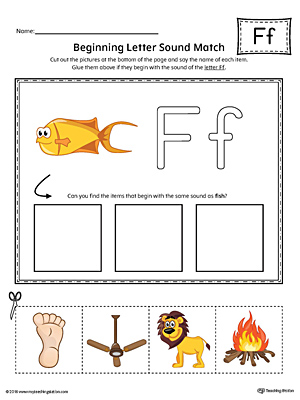 Practice matching pictures that begin with the letter F sound with the correct letter shape in this printable worksheet.