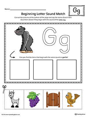 Practice matching pictures that begin with the letter G sound with the correct letter shape in this printable worksheet.