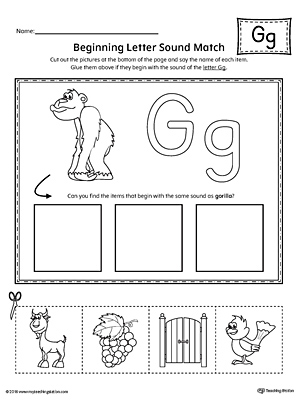 Practice matching the picture that represents the beginning sound of the letter G with the correct letter shape.