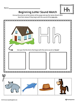 Practice matching pictures that begin with the letter H sound with the correct letter shape in this printable worksheet.
