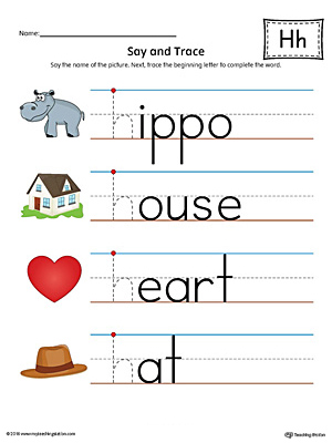 Practice saying and tracing words that begin with the letter H sound in this printable worksheet.