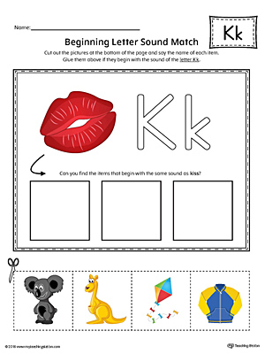 Practice matching pictures that begin with the letter K sound with the correct letter shape in this printable worksheet.