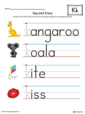 Say and Trace: Letter K Beginning Sound Words Worksheet (Color)
