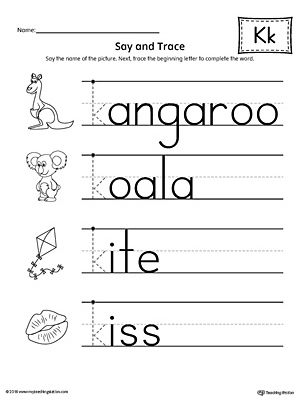 Say and Trace: Letter K Beginning Sound Words Worksheet