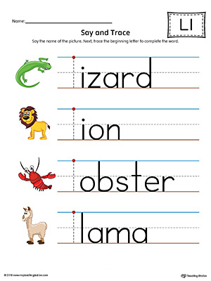 Say and Trace: Letter L Beginning Sound Words Worksheet (Color)