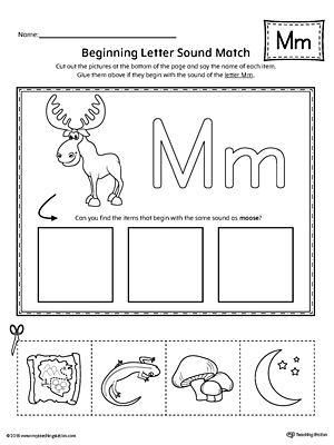 Practice matching the picture that represents the beginning sound of the letter M with the correct letter shape.