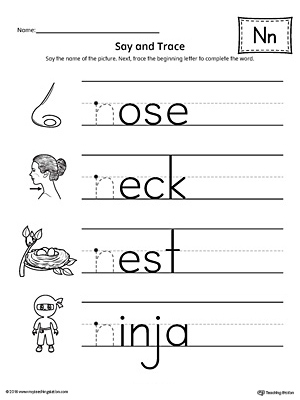 Use the Say and Trace: Letter N Beginning Sound Words Worksheet to help your preschooler practice recognizing the beginning sound of the letter N and tracing the letter.