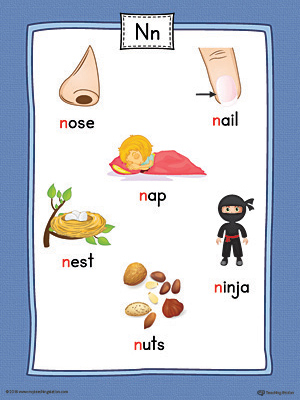 letter n word list with illustrations printable poster