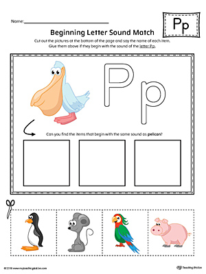 Practice matching pictures that begin with the letter P sound with the correct letter shape in this printable worksheet.
