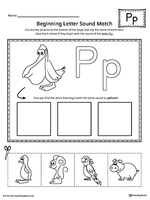 Practice matching the picture that represents the beginning sound of the letter P with the correct letter shape.