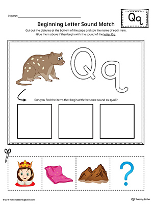 Practice matching pictures that begin with the letter Q sound with the correct letter shape in this printable worksheet.