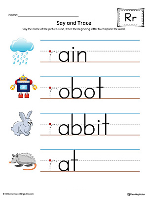 Practice saying and tracing words that begin with the letter R sound in this printable worksheet.