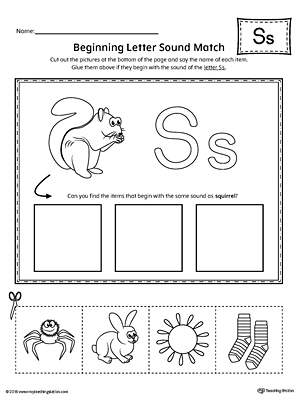 Practice matching the picture that represents the beginning sound of the letter S with the correct letter shape.