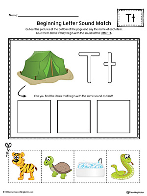 Letter T Beginning Sound Picture Match Worksheet (Color