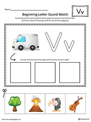 Practice matching pictures that begin with the letter V sound with the correct letter shape in this printable worksheet.